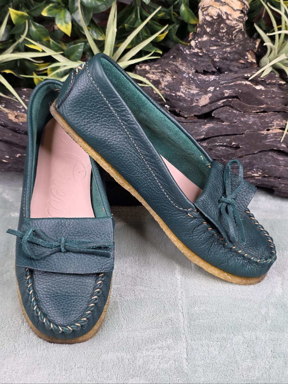 J.Crew BB197 Soft Unlined Teal Green Leather Moccasin Loafers with Bow